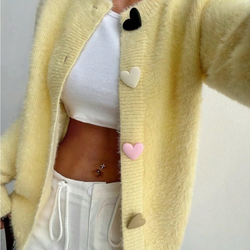 Stylish Yellow Cardigan with Heart Accents